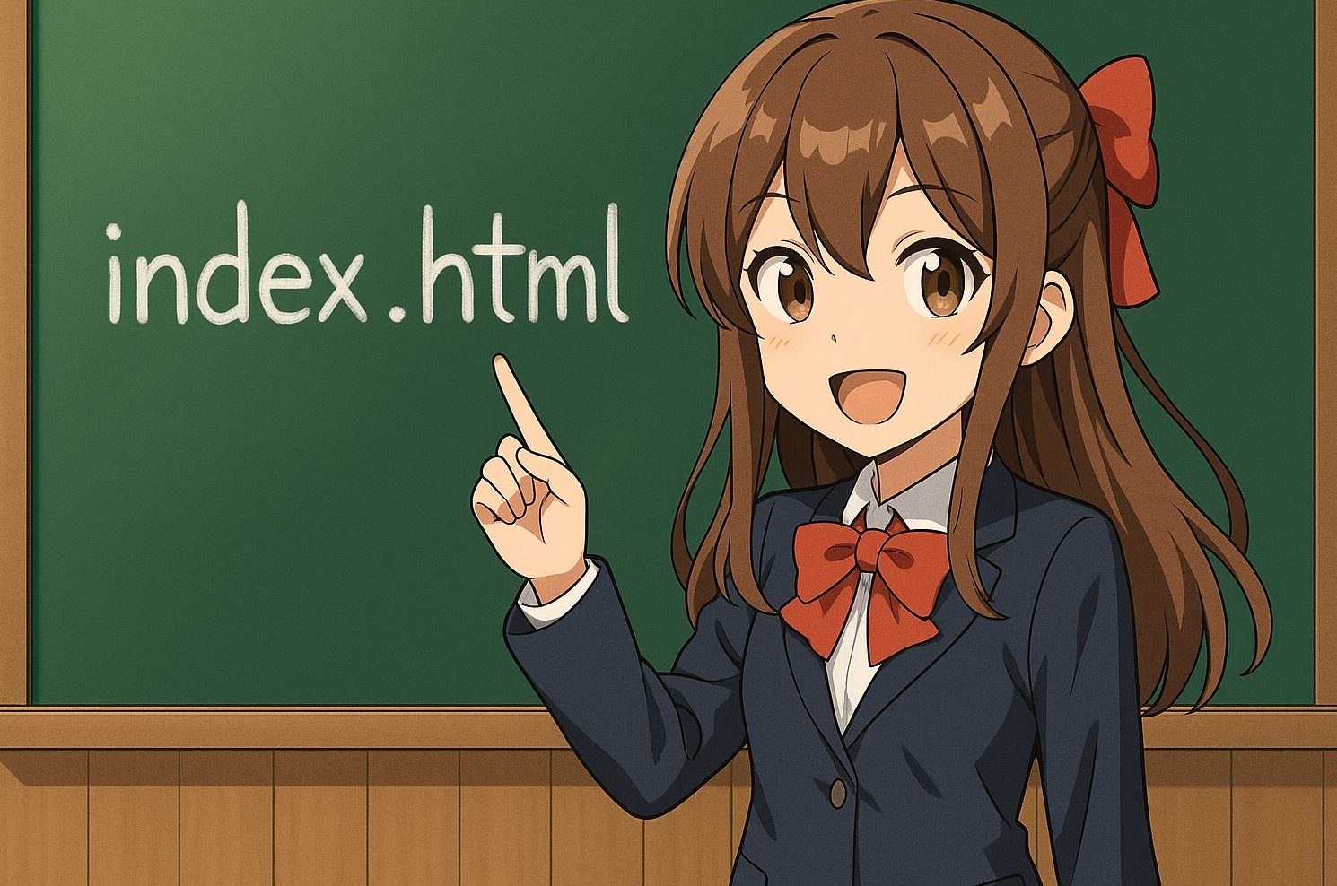Anime stílusú lány egy zöld táblánál, amelyre fel van írva: index.html