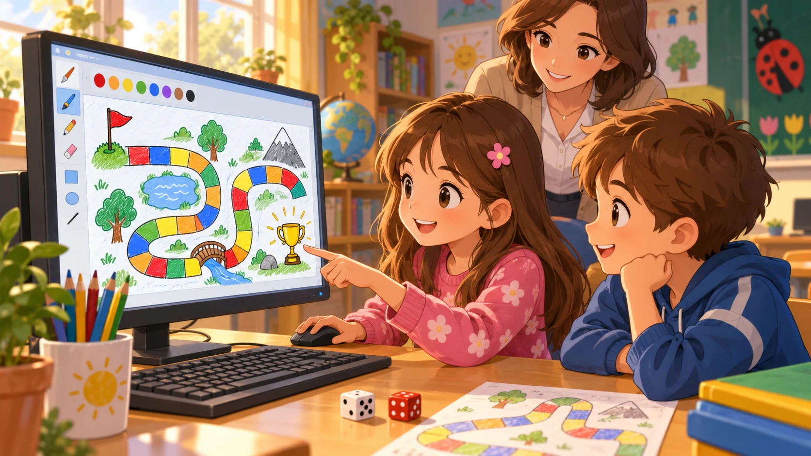 vigyori arc Gyerekek Paintben társasjáték táblát rajzolnak