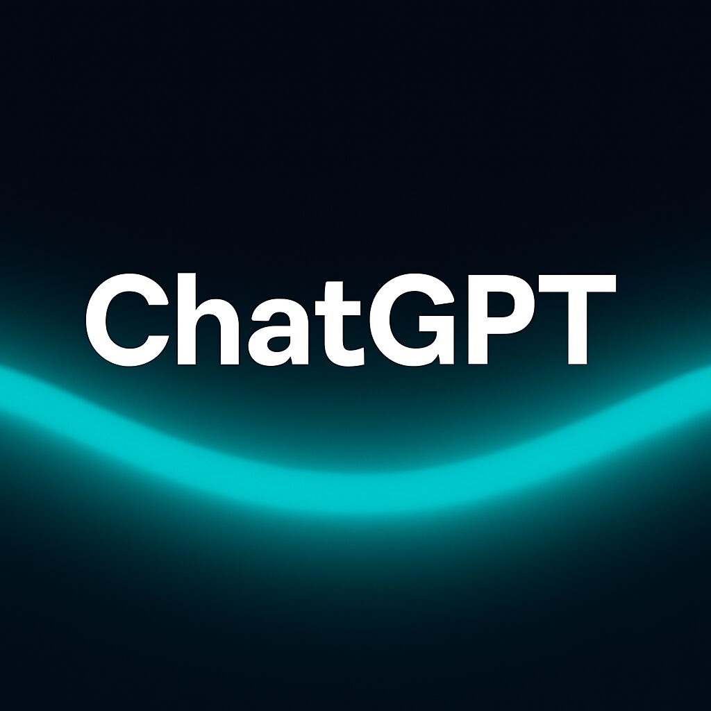 ChatGPT logó sötét háttérrel és világoskék fényívet idéző effekttel