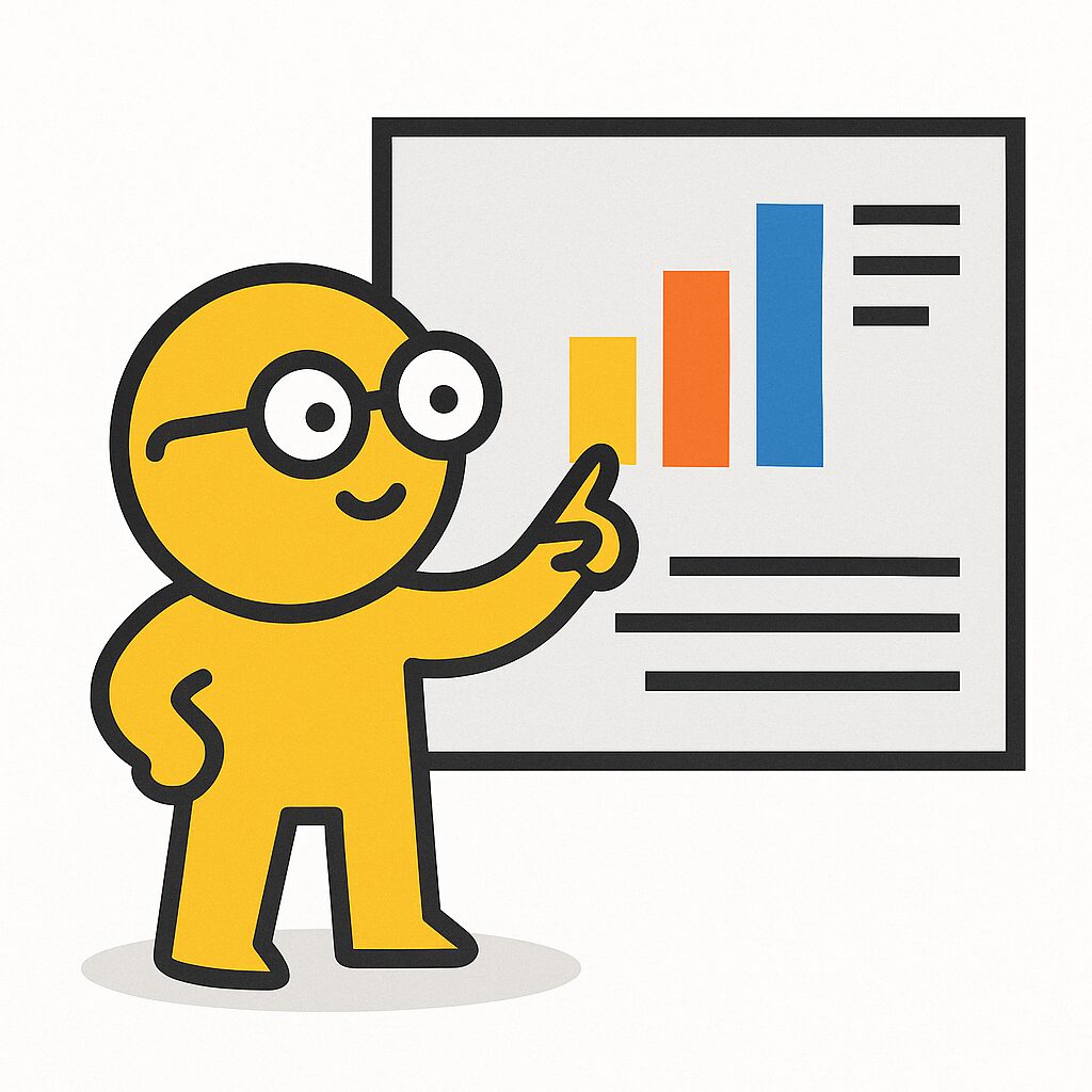 Sárga karakter szemüvegben oszlopdiagramot mutat prezentációs táblán, oktatási célra