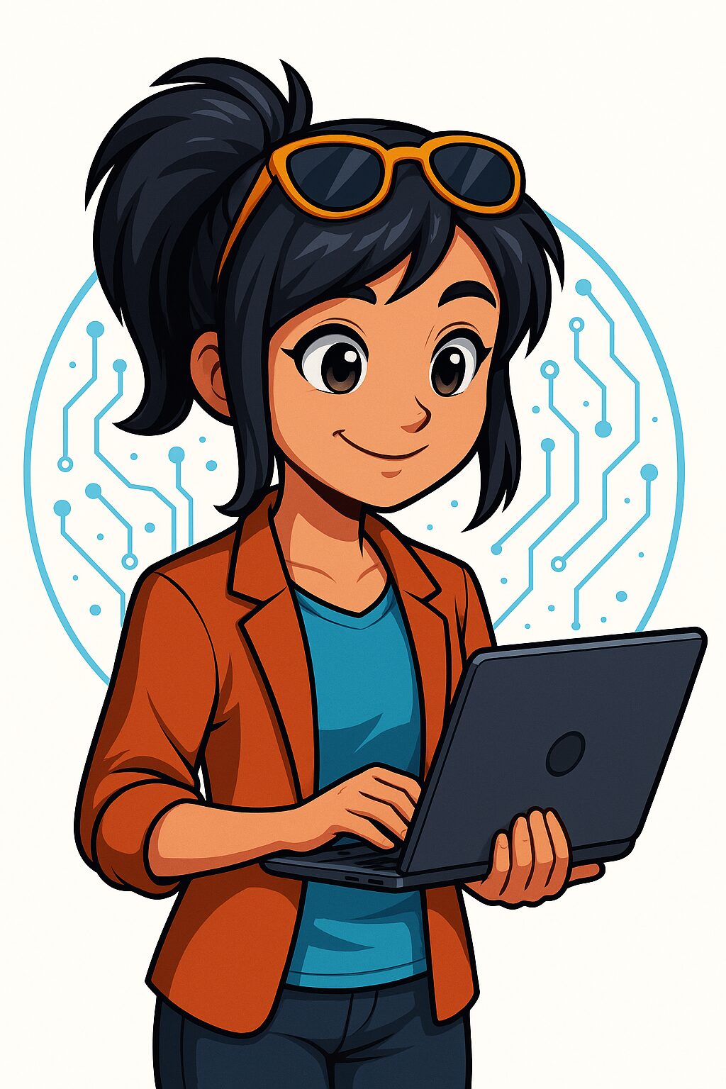 Anime stílusú lány digitális eszközzel a kezében, a digitális kultúra tanításának szimbolikus ábrázolása 3. osztályban.