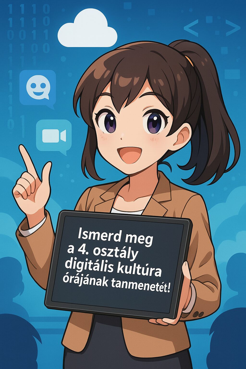 Anime stílusú tanárnő tabletet tart, rajta a digitális kultúra 4. osztály tanmenet felirat, kék háttérrel és technológiai ikonokkal.