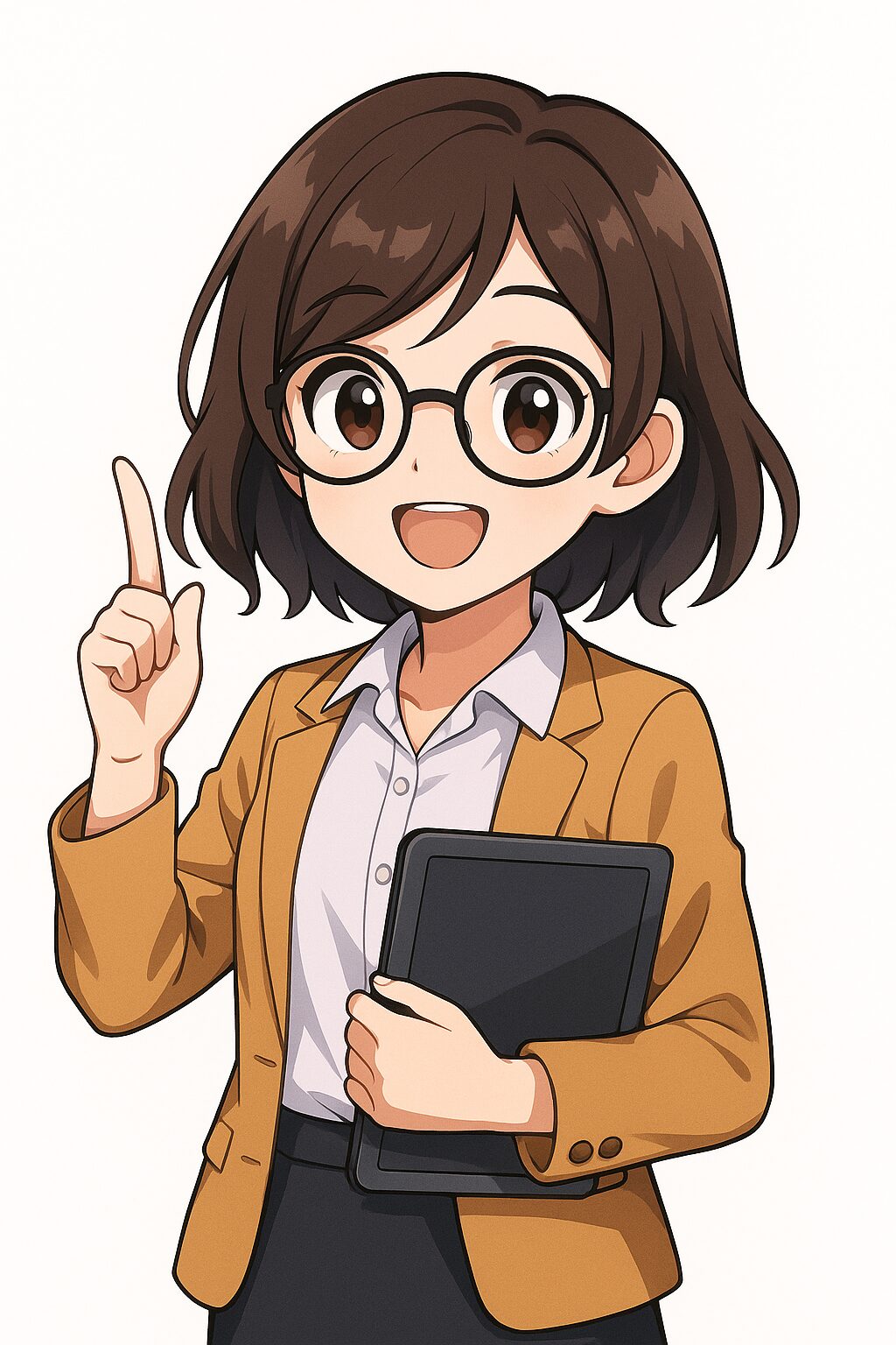 Anime stílusú, barna hajú lány tabletet tart a kezében, digitális ikonokkal a háttérben – digitális kultúra 5. osztály tanmenethez”