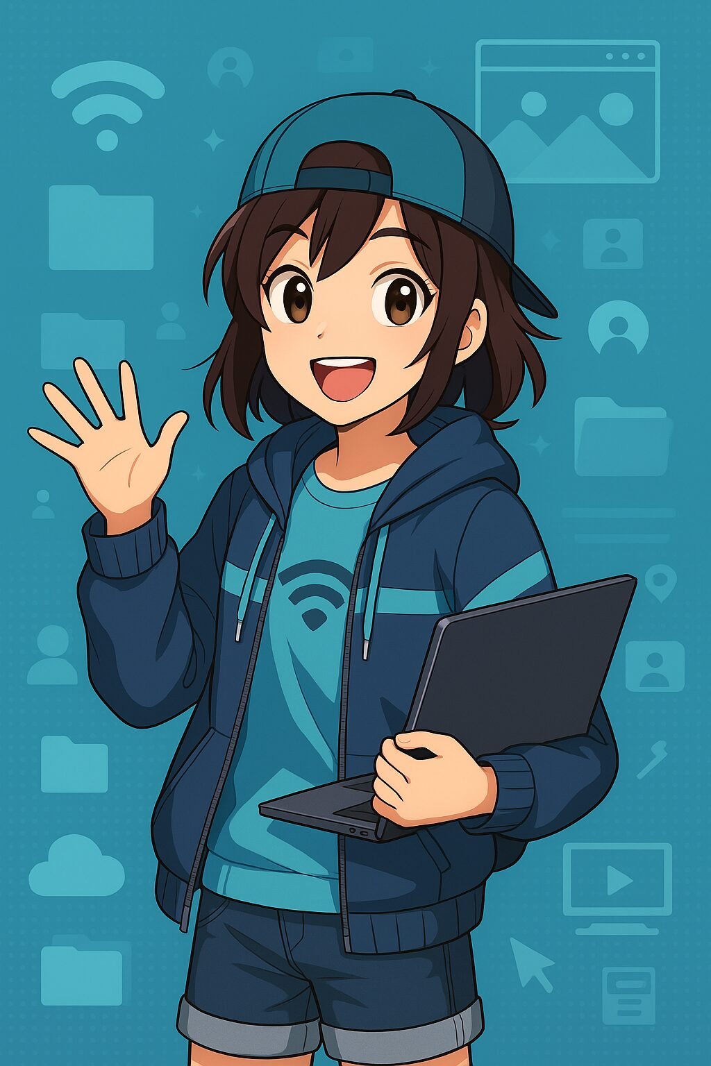 Anime stílusú lány digitális eszközzel, a digitalis kultúra 7 tanmenet illusztrációjaként