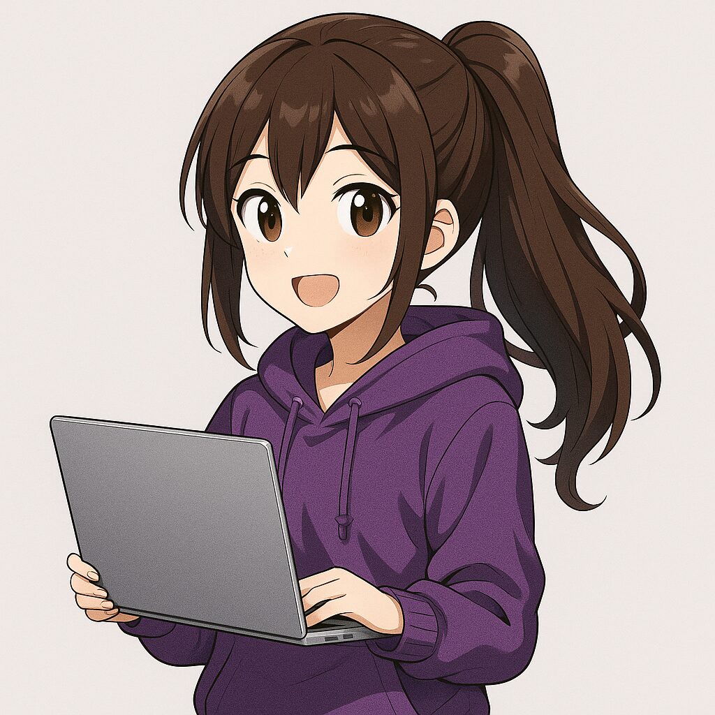 Anime stílusú illusztráció: egy 8. osztályos diáklány lila pulcsiban, laptopot tartva, a digitális kultúra 8 tanmenet témájához.