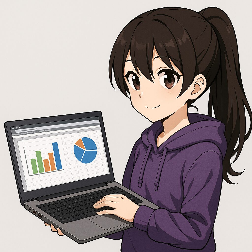 Anime stílusú illusztráció: egy diáklány táblázatkezeléssel dolgozik laptopon, oktatási célú képként a „digitális kultúra 8 tanmenet” témához.