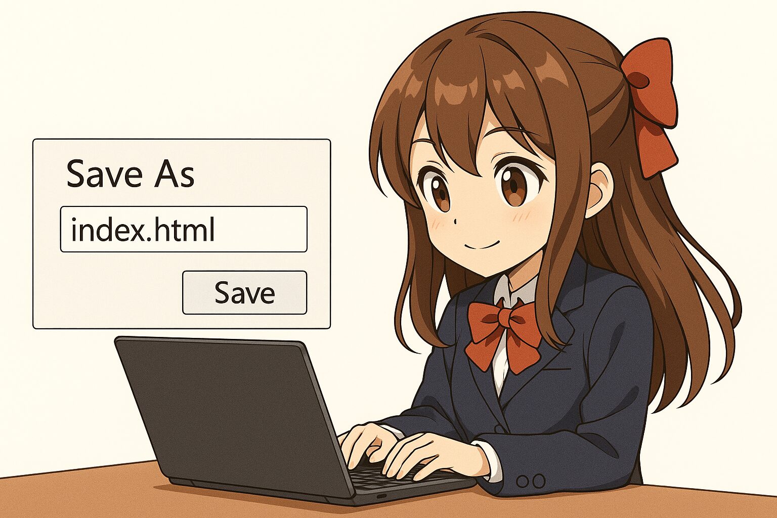 Anime lány laptopon gépel, HTML fájlt készít