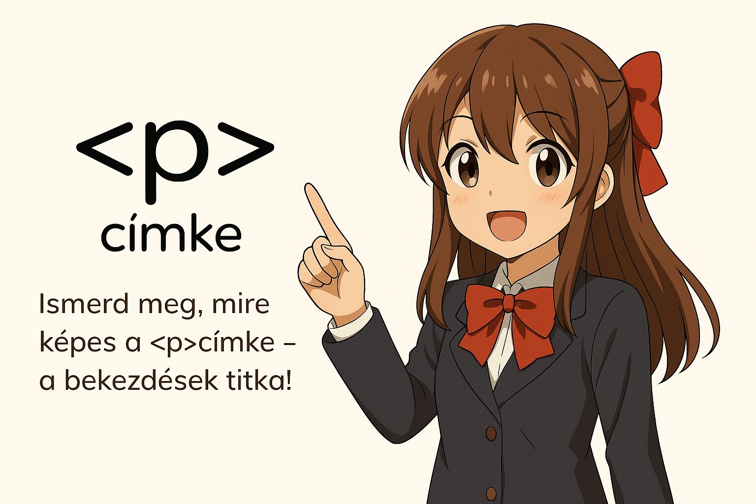 Anime stílusú lány karakter, aki a HTML címkét mutatja be, világos háttér előtt