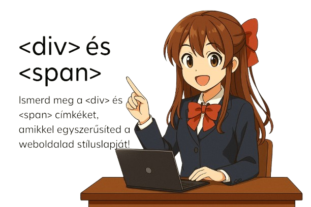 Anime stílusú lány egy táblánál, a „div” és „span” HTML-címkékről tanít