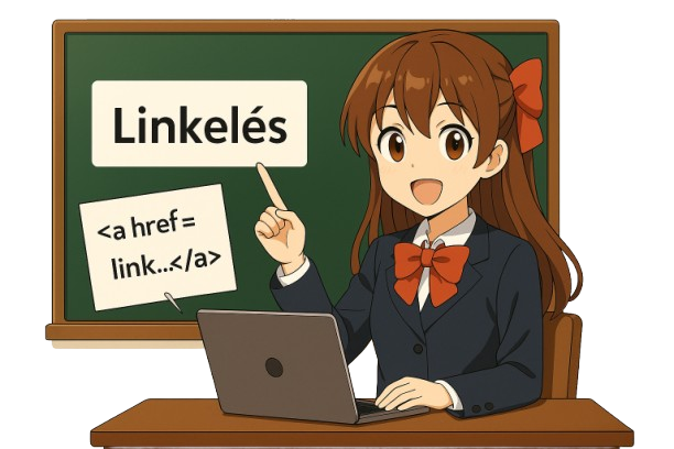 Anime lány HTML kódokat olvas egy laptoppal, kezében egy hivatkozásokat tartalmazó dokumentummal