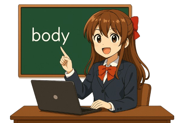 Anime lány egy HTML-kódot tartalmazó táblát mutat, amely a „body” címkére utal.