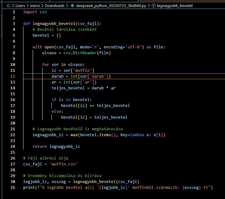Python-kód által elemzett példa CSV-fájl, amely muffinfajták bevételét tartalmazza – DeepSeek feladat tanulóknak.