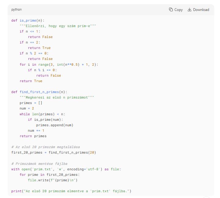 Deepseek feladat: Python, amely kiszámolja az első 20 prímszámot és fájlba menti az eredményt.

