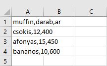 Egyszerű CSV-fájl adatokkal a DeepSeek feladathoz – soronként termékek és árak elemzéshez.