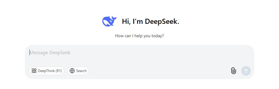 A DeepSeek AI kezdőoldala, ahol kiválasztható a DeepThink vagy a Search mód.

