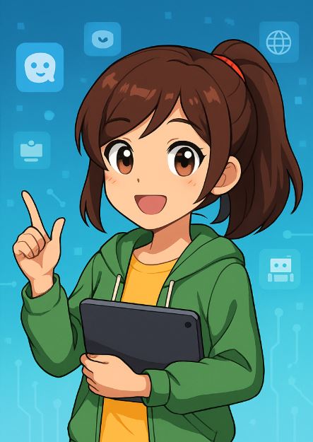 Anime stílusú, barna hajú lány zöld kapucnis pulcsiban, digitális táblával a kezében – a digitális kultúra 5. osztály tanmenetéhez illusztráció