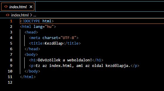 HTML kód index.html fájlban Visual Studio Code szerkesztőben