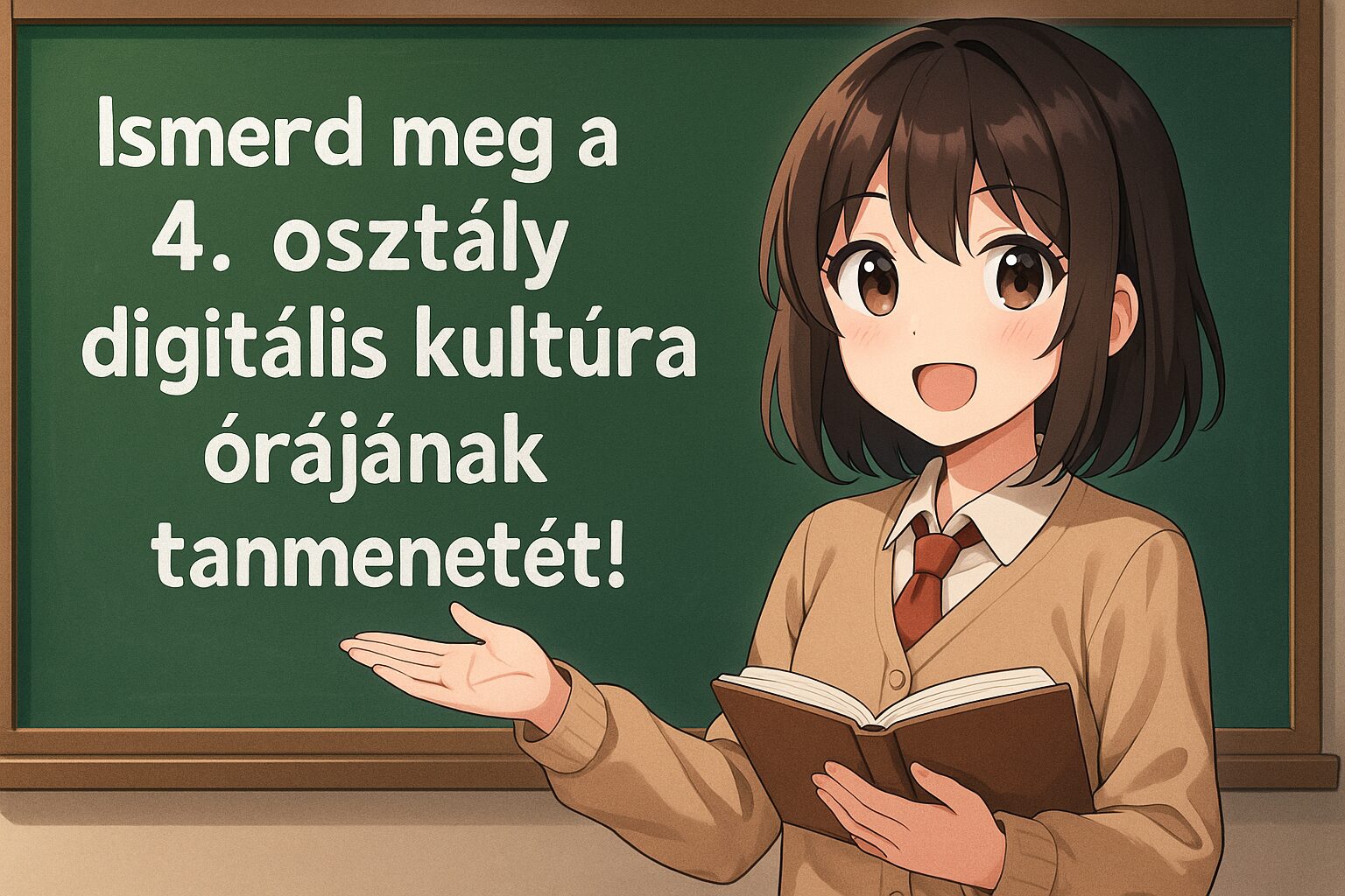 Anime stílusú tanító lány egy táblával, rajta a „digitális kultúra 4 osztály tanmenet” felirattal, iskolai környezetben.