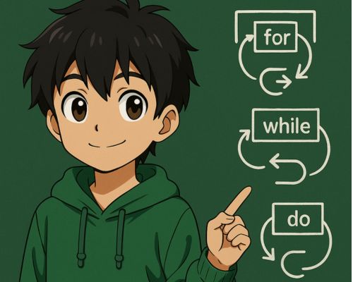 Zöld kapucnis anime fiú a táblánál, aki az algoritmus ciklusok mini példáit (for, while, do-while) magyarázza