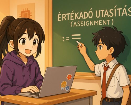 Algoritmus fogalma – értékadó utasítás (:=) magyarázata a táblán, két diák szemlélteti.