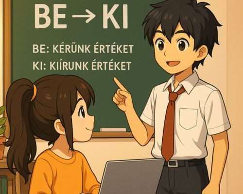 Tanulók magyarázzák az algoritmus fogalmát a BE és KI utasításokon keresztül a táblánál.