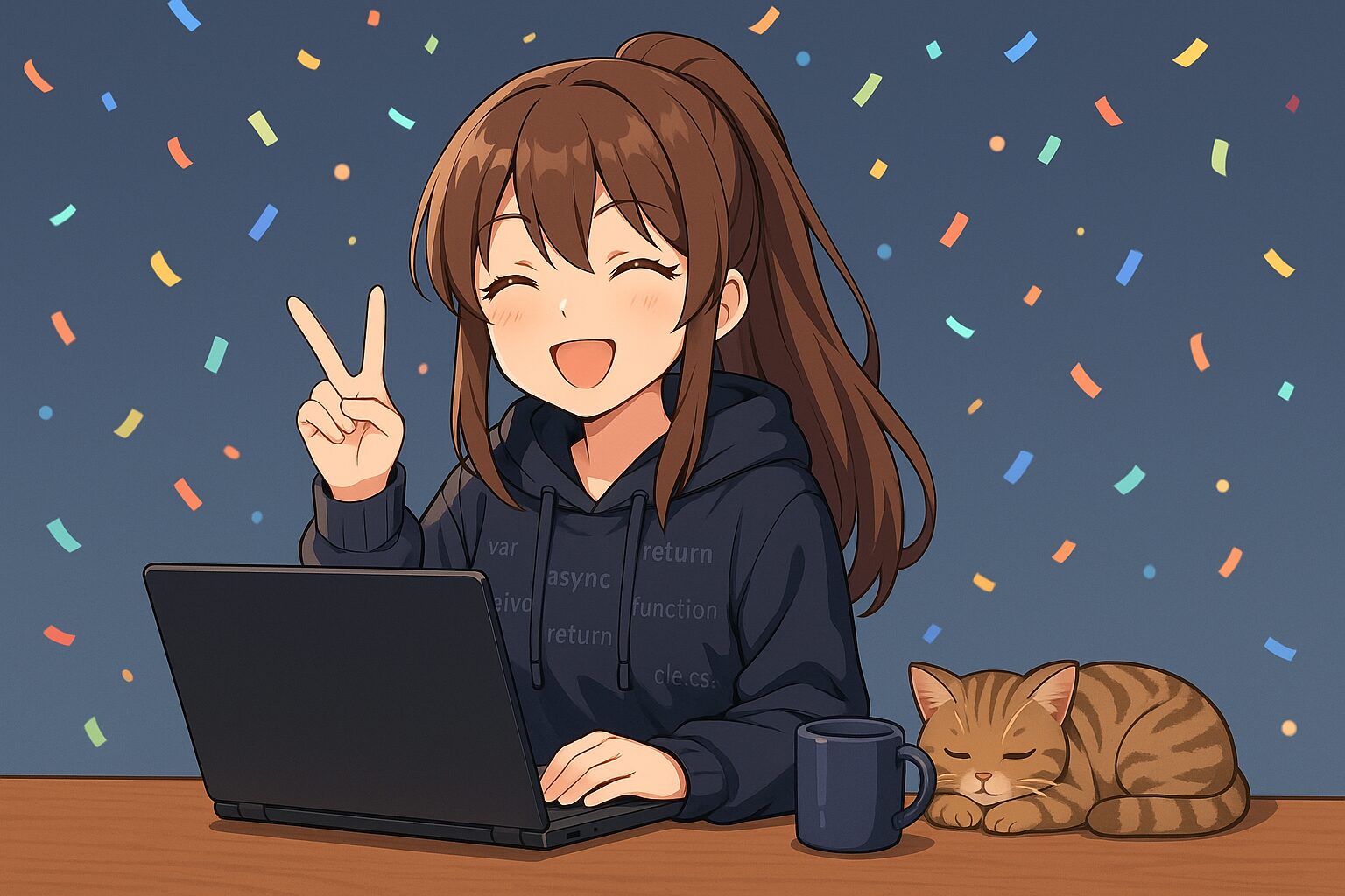 Lecke vége: anime lány V-jelet mutat, laptopon Visual Studio Code, mellette bögre tea és alvó cirmos macska, konfettivel.