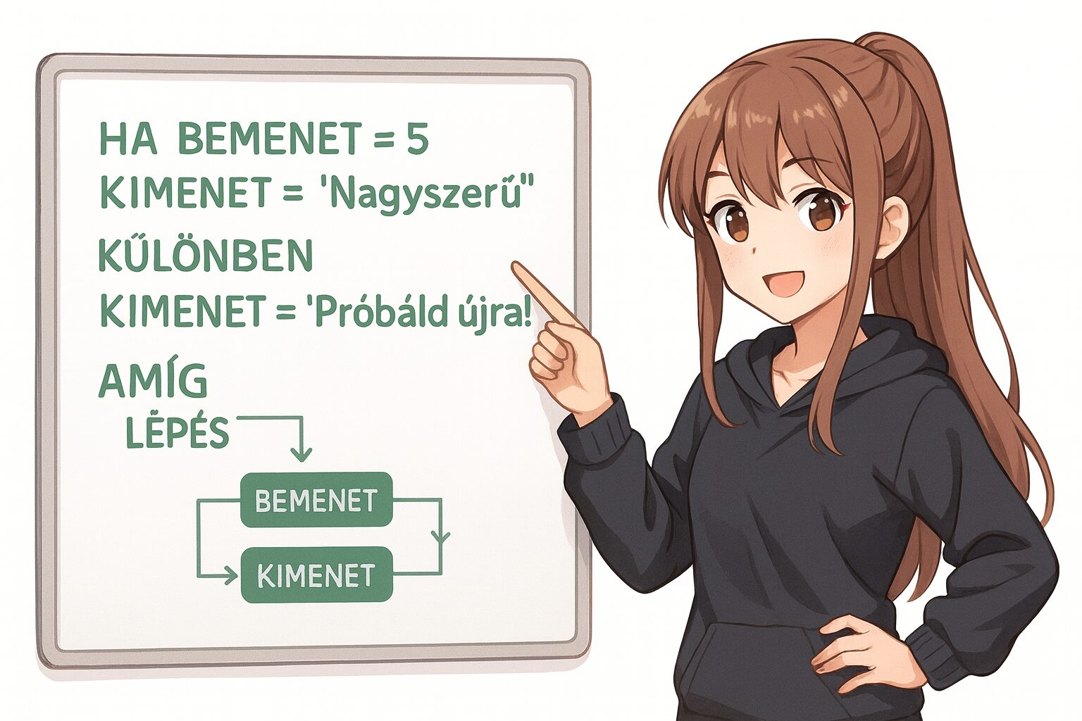 Anime lány pszeudokódot mutat be egy táblán, programozási logika oktatáshoz