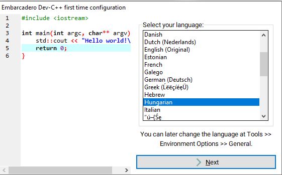 Dev-C++ első futtatás nyelvválasztó ablak