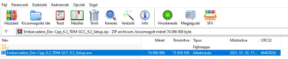 Dev-C++ telepítőfájl ZIP csomagban