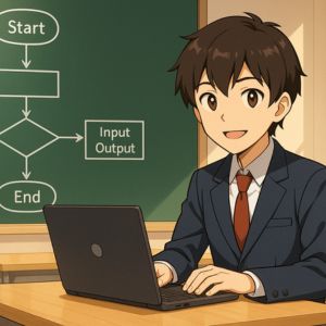 Algoritmus – anime stílusú fiú a táblán teljes folyamatábrával (Start–End).