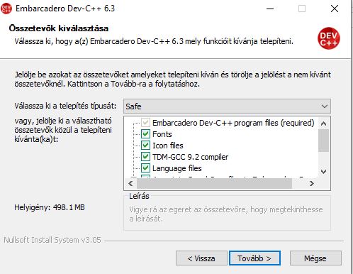 komponensek kiválasztása Dev-C++ - ban