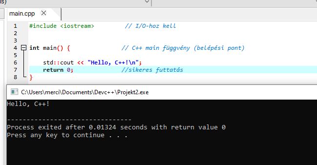 C++ main függvény – Dev-C++ konzol kimenet (Hello, C++)