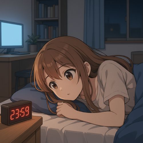 Anime-stílusú lány fekszik az ágyában, és nézi a digitális órát, amelyen 23:59 látható – a legnagyobb decimális érték határát jelképezve.