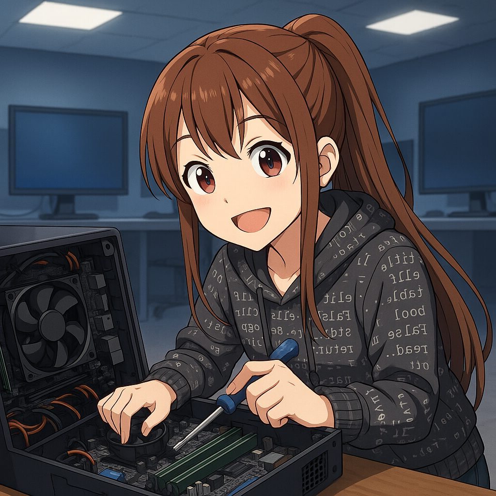 Anime lány számítógépet javít, információs techológia tárgy főképe | Digitális Felfedezők Anime stílusú lány hosszú barna hajjal, fekete pulcsiban, mosolyogva számítógépet javít – információs technológia tananyag illusztráció.