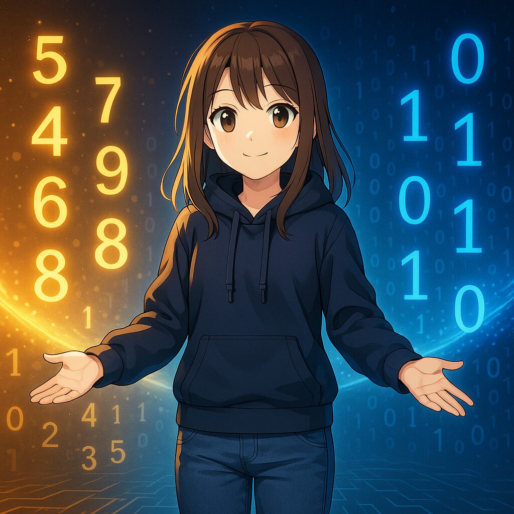 Anime-stílusú illusztráció, amely a decimálisból binárisba váltást ábrázolja: egy lány kapucnis pulcsiban, a bal oldalon tizes számok, a jobb oldalon bináris számjegyek (0 és 1).