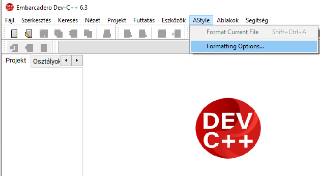 Dev-C++AStyle formázási beállítások menü
