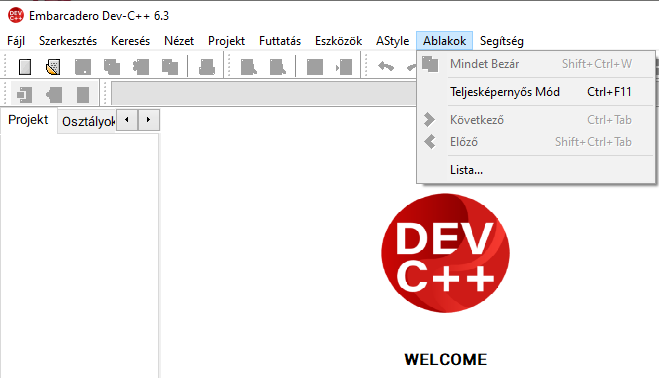 Dev-C++ ablakok menü