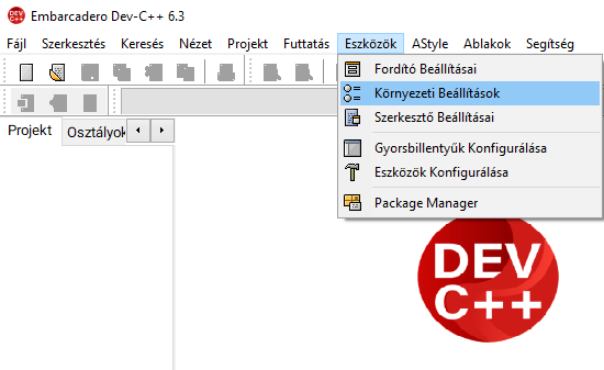 Dev-C++ beállítások eszközök menü beállításai