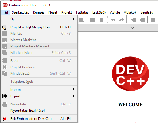 Dev-C++ beállítások fájl menüje