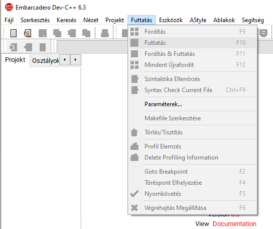 Dev-C++ futtatás és fordítás menü