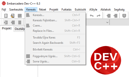 Dev-C++ keresés menü