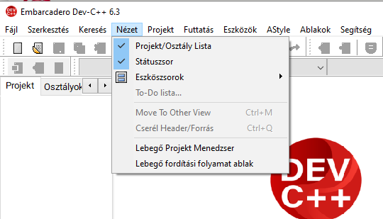 Dev-C++ nézet menü