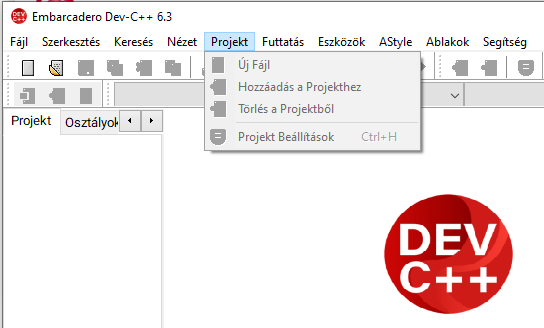 Dev-C++ projekt menü beállításai
