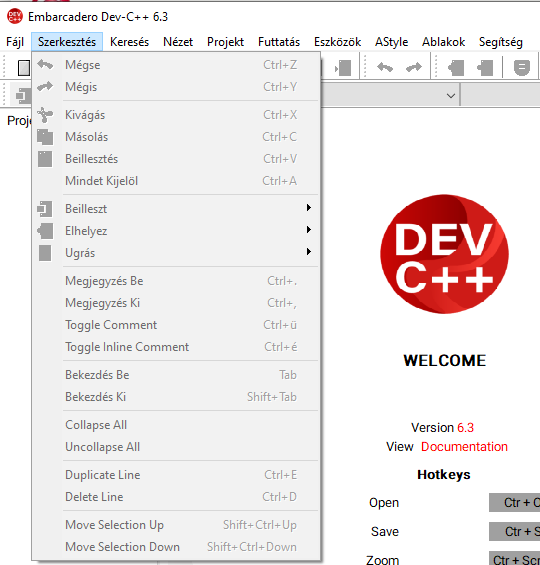 Dev-C++ szerkesztés menü