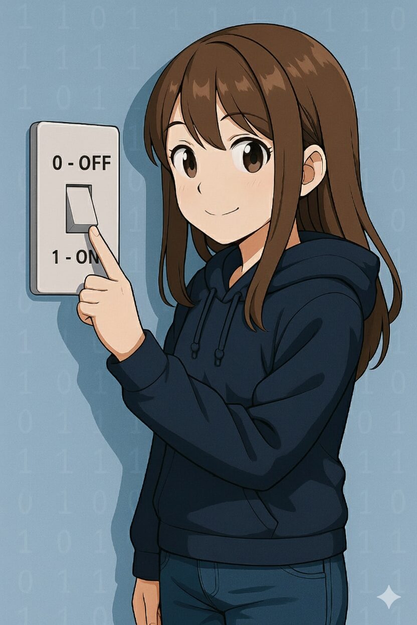 Anime-stílusú lány fekszik az ágyában, és nézi a digitális órát, amelyen 23:59 látható – a legnagyobb decimális érték határát jelképezve.