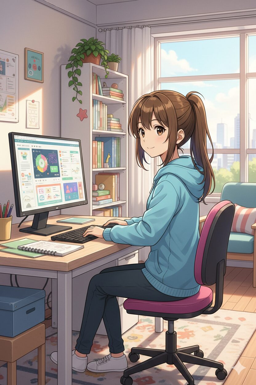 Anime stílusú lány számítógép előtt, gépelés közben – a számítógép felépítése leckéhez.