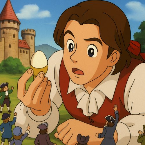 Anime stílusú illusztráció Gulliverről, aki egy tojást tart a kezében, miközben a kisemberek az endianitás eredetét jelképezik Jonathan Swift történetéből.