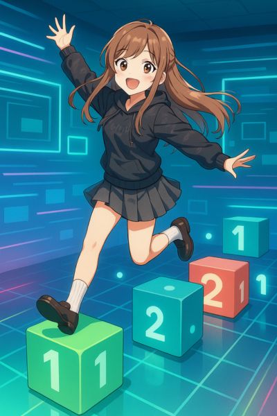 Anime-stílusú illusztráció, amelyen egy diák lány vidáman ugrál lebegő számkockákon egy digitális tanteremben, a helyiérték és a számrendszer témáját szimbolizálva.