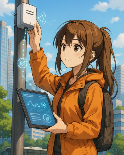 Anime-stílusú lány modern városban okosszenzort szerel fel, amely a levegő minőségét méri – az alkalmazott informatika gyakorlati, környezetvédelmi felhasználását bemutatva.