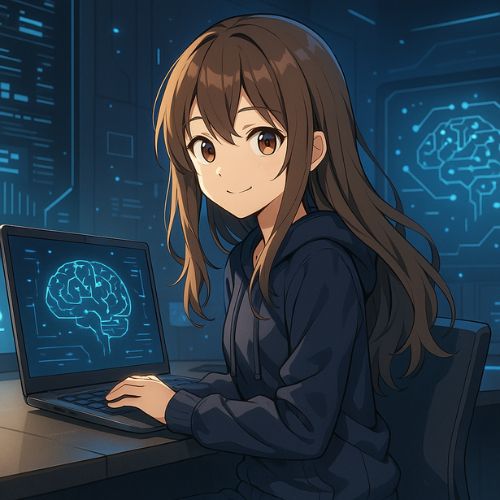 anime-lany-ai-felfedezok-oldal Anime-stílusú illusztráció egy mosolygó lányról, aki számítógépen dolgozik mesterséges intelligenciával kapcsolatos szimbólumok között. A kép a kreativitás és technológia találkozását ábrázolja.
